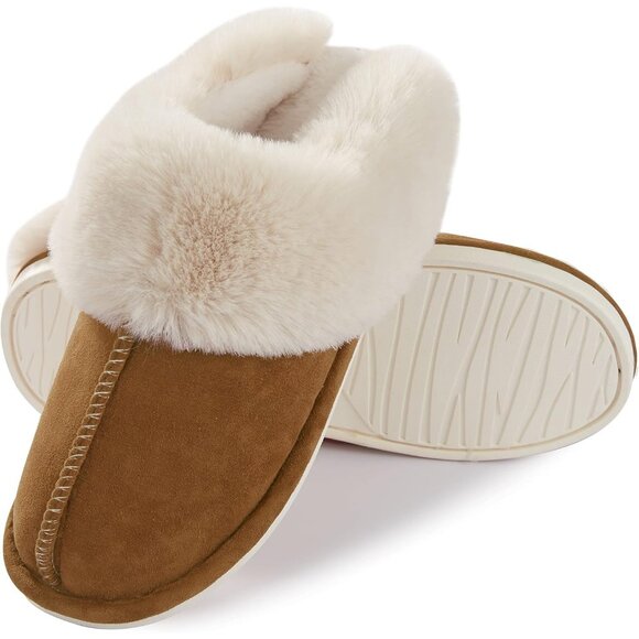 Women's Brown Fluffy Cozy Winter Warm Plush Memory Foam Slip On Slippers Shoes - Picture 3 of 6